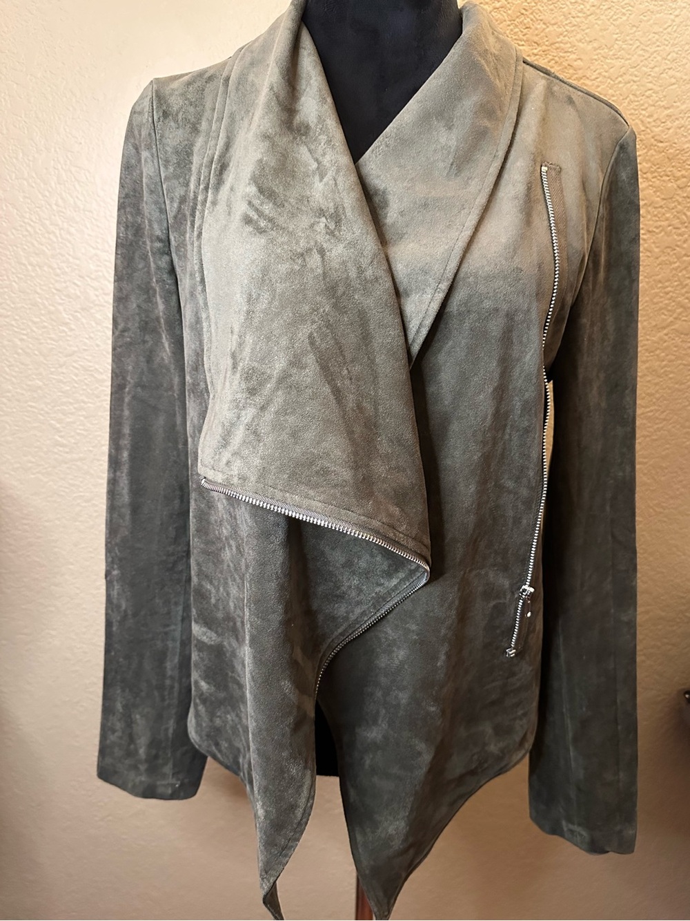 Lulu's Olive-Green Suede Drape Front Jacket